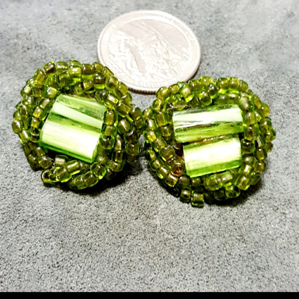 Vintage Green Bead Clip On Earrings